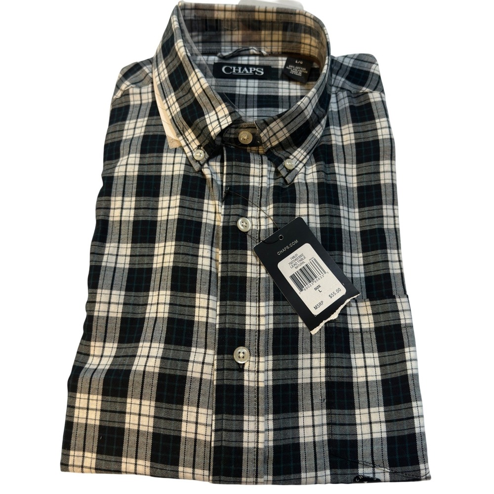 Chaps Shirt Mens Large Black White Green Plaid Cotton Blend NWT 748L01‎